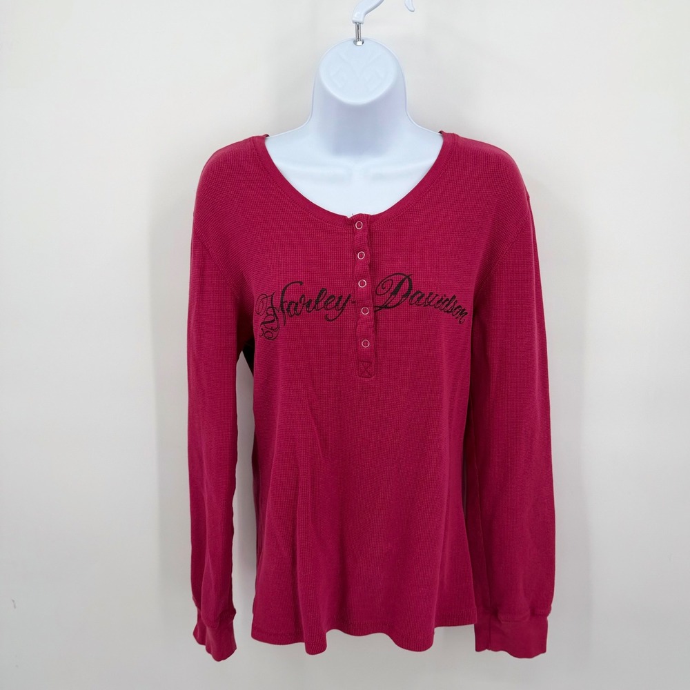 Harley-Davidson Womens XL Shirt Red Waffle Knit Long Sleeve Graphic Thermal